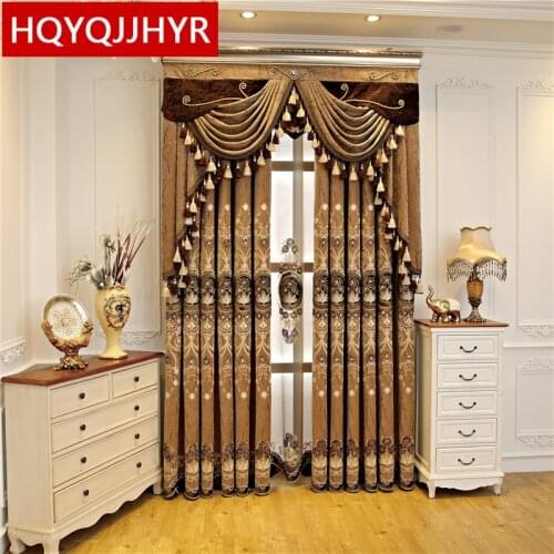 Brown European Style High Quality 3D Embroidered Chenille Blackout Curtains For Bedroom Luxurious Voile Curtains For Living Room