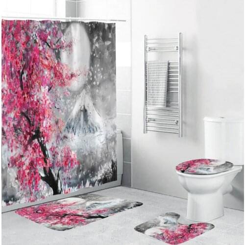 Mount Fuji Oil Painting Fabric Shower Curtains Cherry Blossoms Bathroom Curtain Anti-skid Rugs Toilet Lid Cover Bath Mat Set