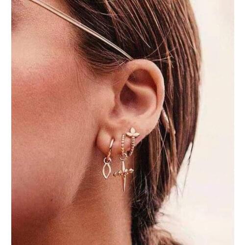 Fashion Personality Womens Earrings Creative Retro Cross Earrings Golden Set Three-Piece Set 2021 Trend Party New Gift
