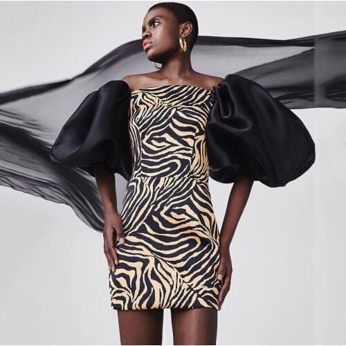 2021 new zebra print female puff sleeve tube top tight mini dress fashionable sexy celebrity club party boutique dress