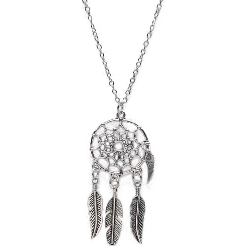 Top Fashion Trendy Boho Style Antique Silver color Feather Pendants Dream Catcher Necklaces For Women Girl Christmas Gift