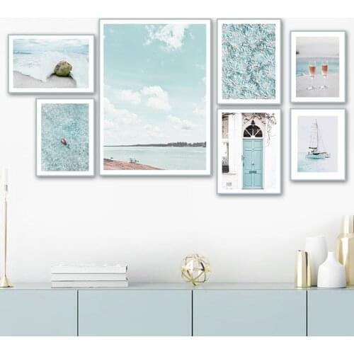 Blue Flower Door Ocean Coconut Champagne Wall Art Canvas Painting Nordic Posters And Prints Wall Pictures For Living Room Decor