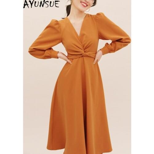 AYUNSUE 2021 Spring Autumn Woman Dress Korean Style Elegant Dresses for Women V Neck Long Sleeve Dress Female Vestido De Mujer
