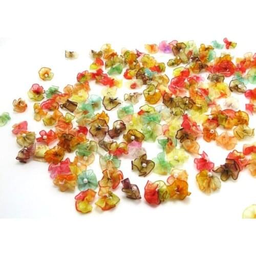 CLEARANCE|Random Mix 50 Pieces 9/16 Inch (15mm) Chiffon Ribbon Rosette Flower|Flower Applique|Pearl Center|Buds|Quilting