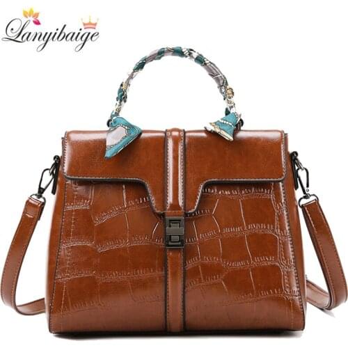 Luxury Brand Handbag Women Oil Wax Leather Handbag Casual Shoulder Bag Stone Pattern Crossbody Bags for Women 2020 New Tote Bag