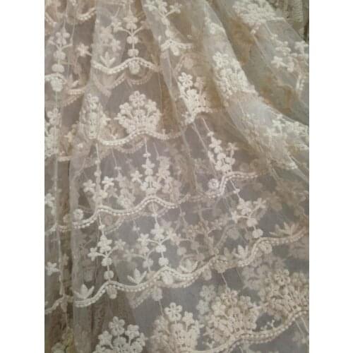 Ivory embroidered gauze lace fabric, retro floral lace fabric, scalloped trim lace fabric, vintage style lace