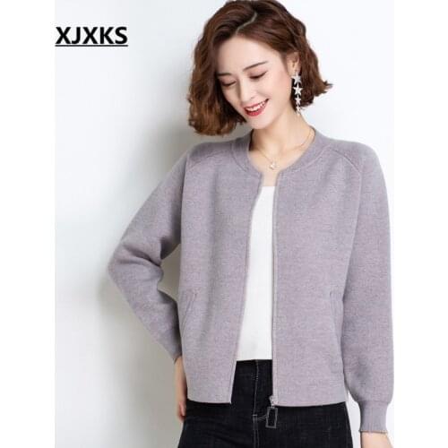 XJXKS High-end wool knitted cardigan women sweater coat 2021 autumn winter new pure color all-match casual women jacket