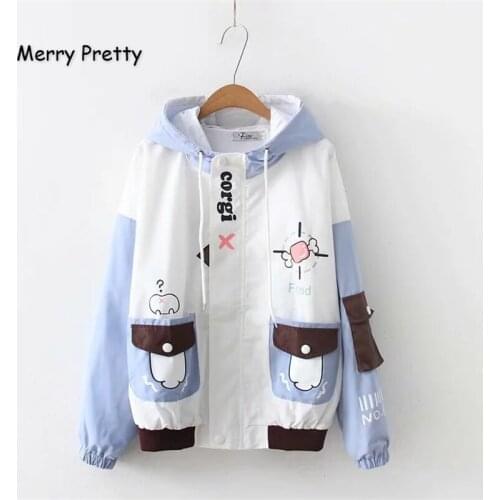 XUANHAO Women Cartoon Print Harajuku Basic Jacket 2020 Winter Long Sleeve Pockets Hooded Femme Zippers Breasted Outerwear