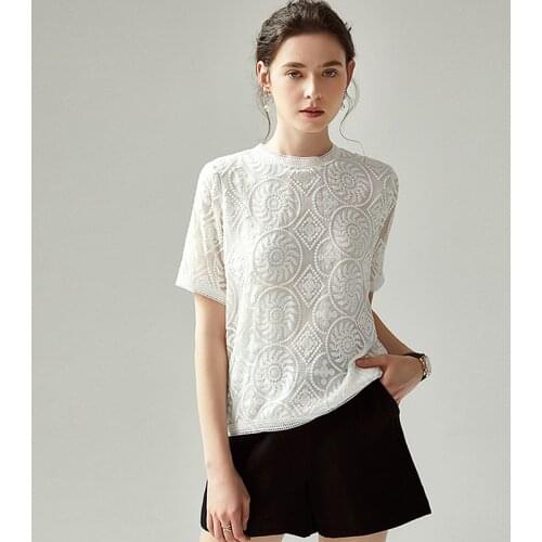 100% Silk Women T-shirt Solid Vintage Embroidery Pleated Design O Neck Short Sleeves Graceful Style New Fashion