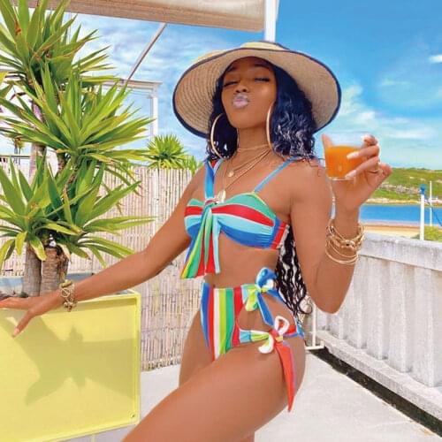 WTCandy 2021 New High Waist Bikini Rainbow Striped Print Swimsuit Women Tie Knot One Shoulder Swimwear Beach Bow Bathing Suit