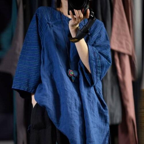 Johnature 2021 Autumn New Retro Patchwork Striped Plate Buckle Pullover Shirts Cotton Linen Comfortable All-match Women Tops