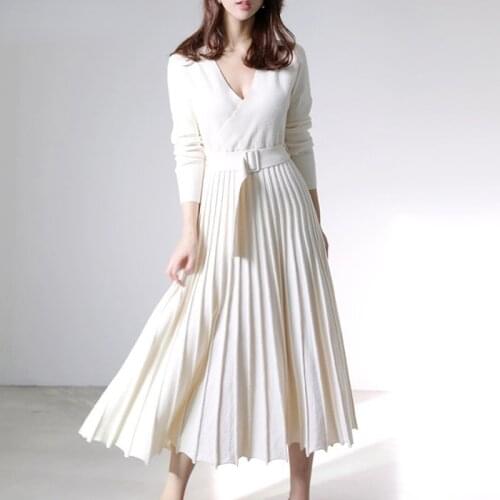 Elegant V-neck Thick Warm Women Knitted Pleated Dress Long Sleeve Belted Sashes Ladies Sweater Dress 2021 Autumn Winter