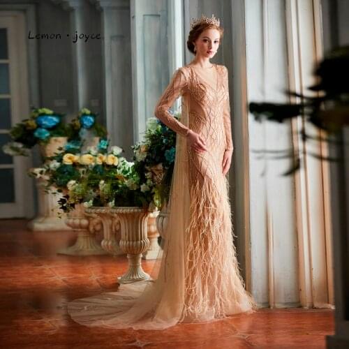 Lemon joyce Dubai Evening Dresses Long Sleeves 2020 Formal O-neck Beading Feathers Formal Evening Party Gowns robes de soirée