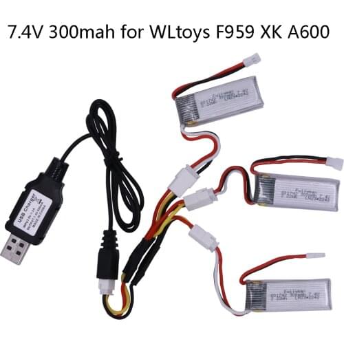 3PCS 7.4V 300mAh LiPo Battery with USB Charger For RC WLtoys F959 RC Drone Parts 7.4V battery For XK DHC-2 A600 A700 A800 A430