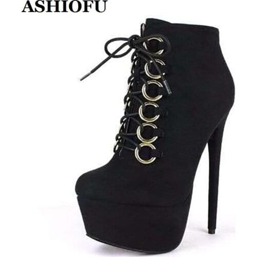 ASHIOFU Hot Sale Handmade Womens Stiletto Heels Boots Cross Shoelace Platform Ankle Booties Large Size Daily Wear Fashion Boots