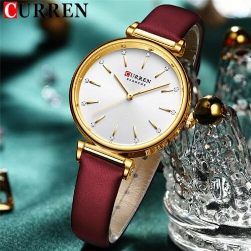 CURREN Women Watch Top Brand Luxury Red Female Waterproof Clock Genuine Leather Bracelet Fashion Simple Ladies Wristwatch 9081