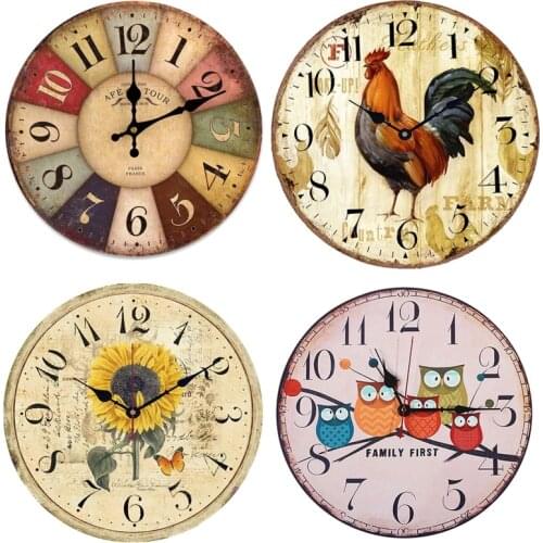 Retro Wooden Wall Clock Rooster Vintage Rustic Non-Ticking Silent Quiet Decor U2JC