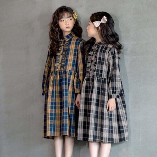 Children Fashion Mid Length Dresses Baby Girls Plaid Print Long Sleeve Turn Down Collar Gowns 5-14y Girls Casual Lovely Dresses