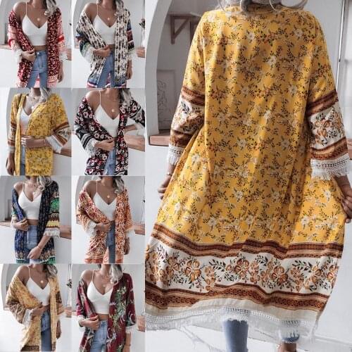 Long Bikini Swimsuit Cover Up Summer Women Swimwear Tunic Cardigan Bathing Swim Suit Cover Up Floral Print Chiffon Beach Dress