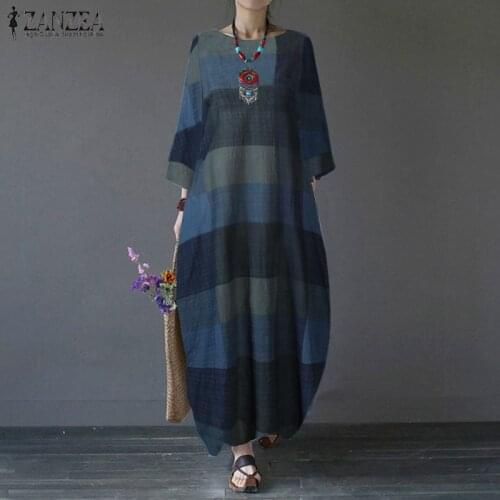 ZANZEA 2021 Kaftan Spring Maxi Dress Womens Check Sundress 3/4 Sleeve Long Vestidos Female O Neck Casual Robe Femme