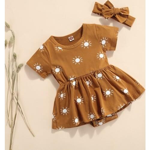 Princess Cute Summer Infant Girls Short-sleeved Romper Dress+Headband Sun Printed Pattern A-line Version Toddler Girls Clothing