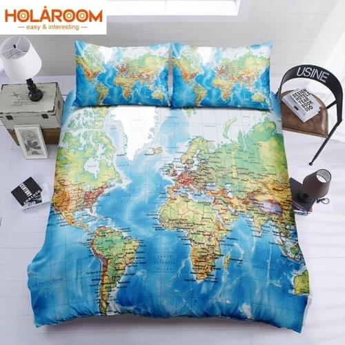 World Map Duvet Cover Sets Map Geography Printed Bedding Set Duvet Cover With Pillowcases Queen/ King Bedding Set for Bedroom