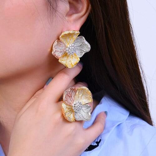 Missvikki 2020 Luxury DUBAI Style Big Flower Drop Earrings Open Ring Jewelry Sets for Women Earrings Ring Bridal Wedding Jewelry