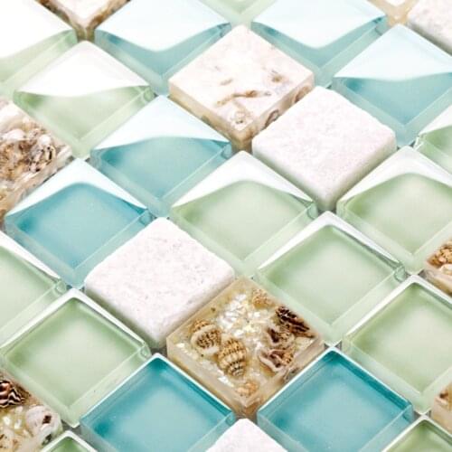 Blue color crystal glass mixed sea shell mosaic HMGM1148 for kitchen backsplash tile bathroom shower hallway wall mosaic