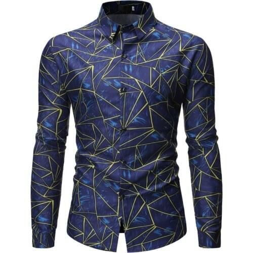Geometric Printed Fashion Shirt Men 2020 Fashion Slim Fit Long Sleeve Dress Shirt Mens Casual Holiday Social Shirt Male Chemise