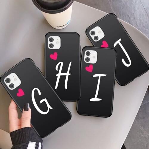 Art Initial Letter A Z Black Phone Case For iPhone 11 12 Pro Max X XR XS Mini 8 7 Plus Love Heart Couples Soft Silicone Cover