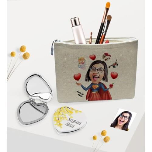 Personalized Super Mom Caricature Of Linen Makeup bag And Heart Mirror set