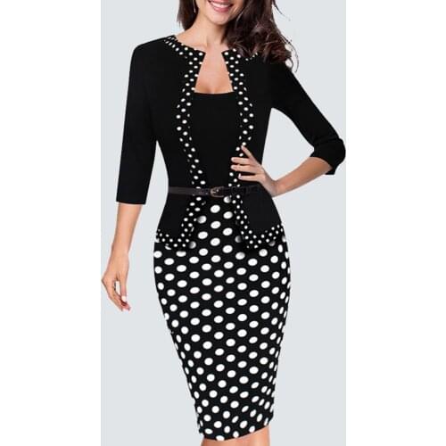 Casual Black And White Dots Patchwork Spring Autumn Dress Women Elegant Work Office Business Belted Sheath Bodycon Dress HB407