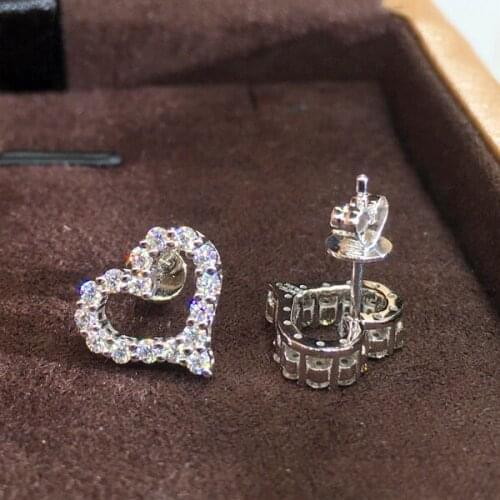 White Zircon Love Heart Crystal Stone Earrings Cute Hollow Small Stud Earrings Dainty Silver Color Engagement Earrings For Women