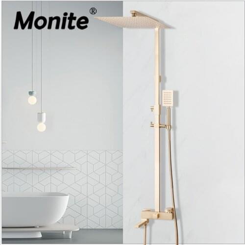 Monite 8 Inch Bathroom Shower Faucet Brushed Golden Square Rainfall Wall Mounted Bathtub Shower Head Handheld Faucet Shower Set