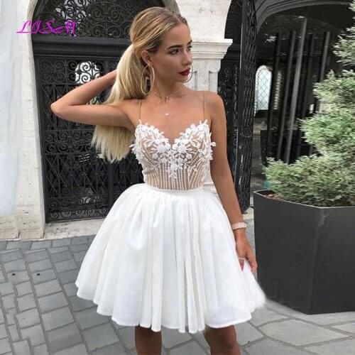 Vintage Short Prom Dress Spaghetti Straps Chiffon Lace Cocktail Dresses Mini White Homecoming Gowns 2020