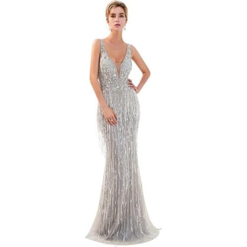 High Quality Tassels Deep V-Neck Mermaid Trumpet Dresses Fishtail Long Evening Dresses Prom Gown Robe de soiree Vestido de noche