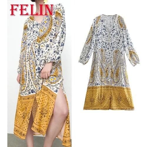 Za 2021 Retro Floral Long Dress Vintage Bo Ho Fashion Autumn Splicing Long-Sleeve Oversized Dress Elegant Beach V-neck Vestidos