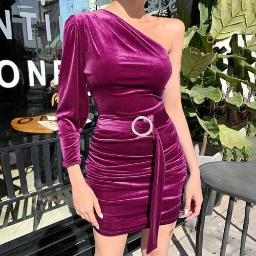 Women New Velvet Purple Rose Red One Shoulder Belt Dress 2020 Sexy Mini Club Bodycon Solid Fashion Vestidos Runway Party Dresses