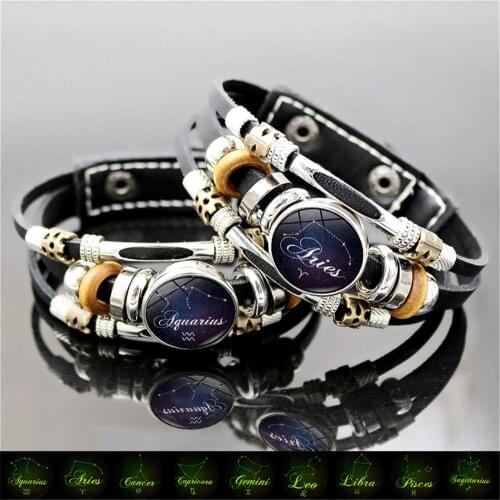 12 Constellation Leather Bracelet Zodiac Signs Jewelry Aries Gemini Virgo Snap Button Multilayer Weave Punk Luminous Bracelet