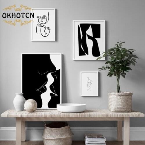 Abstract Canvas Painting Woman Body Face Line Wall Art Posters and Prints Black and White Couple Kiss Pictures Nordic Home Decor