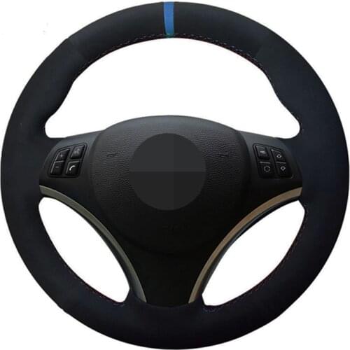 Car Steering Wheel Cover Hand-Stitched Black Genuine Leather Suede For BMW E90 E91 E92 E93 E87 E81 E82 E88 X1 E84 Accessories