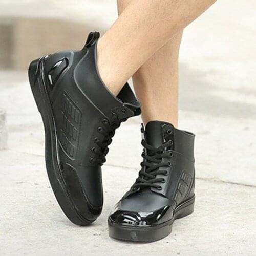 Dwayne Mens Rainboots Waterproof Spring Winter Rain Shoes Men Rain Boy Water Rubber Black Ankle Boots Lace-Up Shoes 745