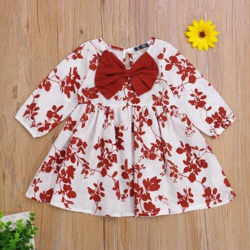 Spring Autumn Girls Kids Princess Dress Girls Floral Leaves Print O-Neck Long Sleeve Dress with Bowknot
