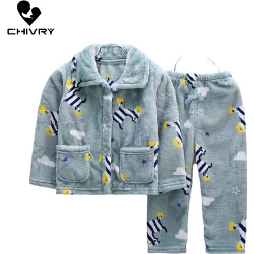 New 2020 Kids Boys Girls Autumn Winter Flannel Keep Warm Pajama Sets Cartoon Print Lapel Tops with Pants Sleeping Clothing Sets