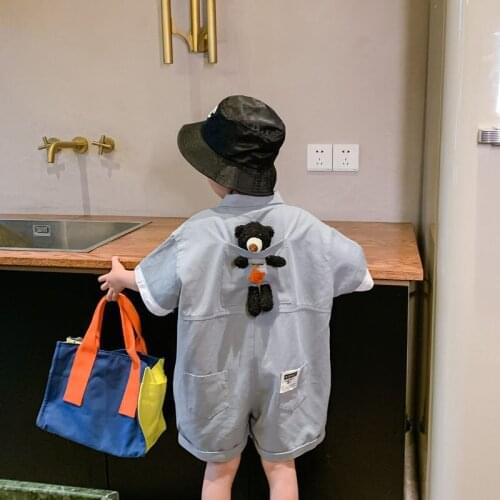Kids Jumpsuit Summer Boys Solid Pocket Bear Cotton Cute T-shirt Playsuit Korean Fashion Shorts Clothes Tooling Shirt 2-8 Y