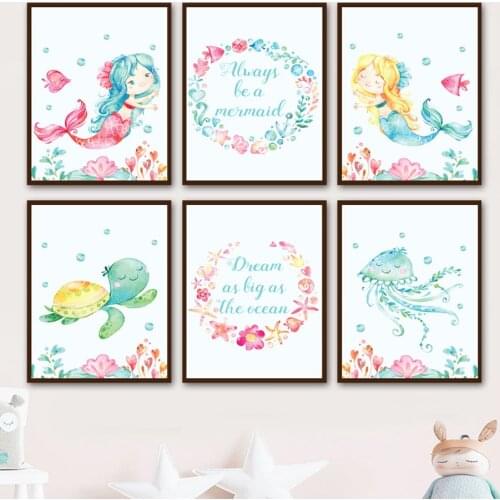 Ocean Cartoons Mermaid Turtle Octopus Quote Wall Art Canvas Painting Nordic Posters And Prints Wall Pictures For Kids Room Decor