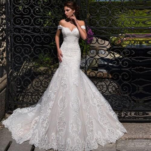 Hot New Arrivals Mermaid Wedding Dress Lace Up Appliqued Tulle Gowns Bride Dress Lace Gowns Off Shoulder Wedding Dresses