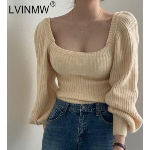 LVINMW Square Collar Lantern Sleeve Solid Fashion Knitting Sweaters Ribbed Patchwork Slim Warm Tops Women Casual Soft Clothing