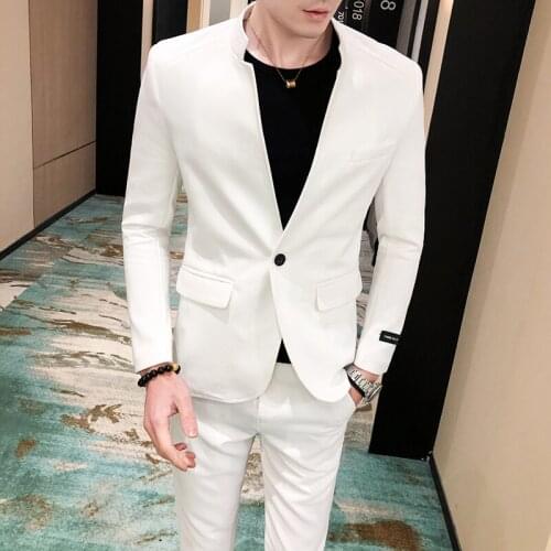 2 Piece Men Suit Set Pink Stand Collar Slim Fit Dress Chinese Suits Wedding Party Groom Tuxedo Blazer Jacket Pants Trousers