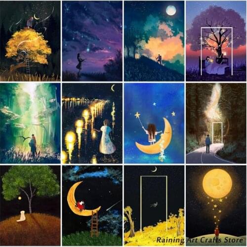 5D Diy Diamond Painting Cartoon Star and Moon Embroidery Full Drill Night View Cross Stitch Kits Mosaic Pictures Home Decor Gift